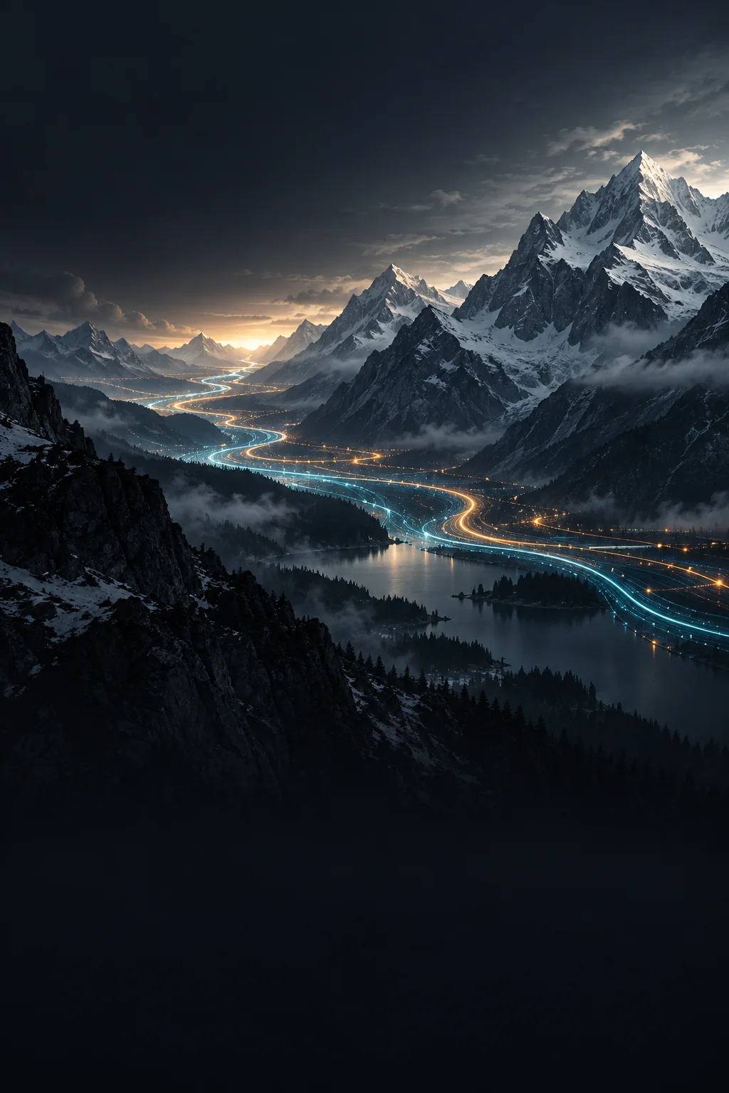 Mountain valley illuminated with flowing data lines